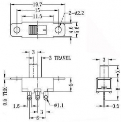 Přepínač posuvný SS-12F15, ON-ON 1pol.50V/0,5A