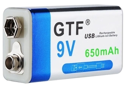 Nabíjecí baterie Li-ion 9V 650mAh 6F22, GTF, napájení USB C